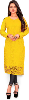HOC's Women Self Design Straight Kurta(Yellow)