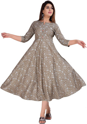 Glowworld Women Printed Anarkali Kurta(Brown)