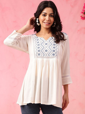ANOUK Women Embroidered A-line Kurta(Beige)
