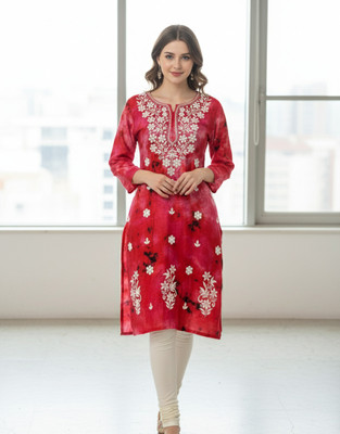 Shibra creation Women Dyed/Ombre, Embroidered A-line Kurta(Red)