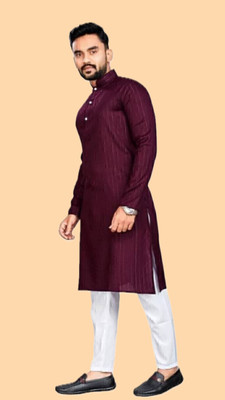 Anuj Fashion Men Striped A-line Kurta(Maroon)