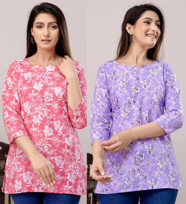 WULAMIA Women Floral Print A-line Kurta(Pink, Purple)