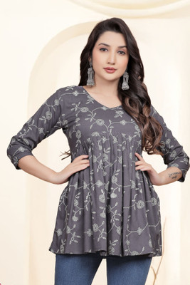 HouseOfCommon Women Printed Straight Kurta(Grey)