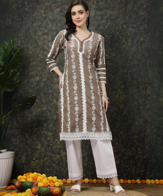 PLUSS Women Printed Straight Kurta(Brown, White)