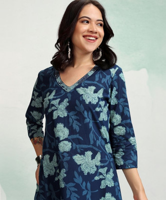 PRISCA Women Floral Print Straight Kurta(Blue)