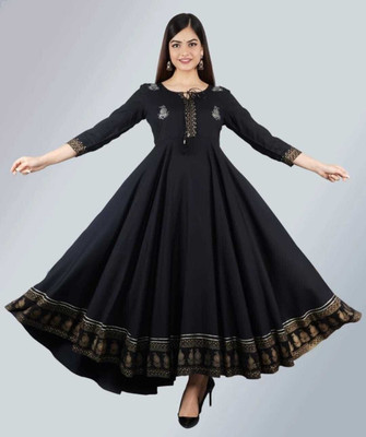 GMA Women Printed Flared Kurta(Black)