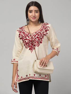 ASAD GARMENTS Women Embroidered Straight Kurta(Beige)