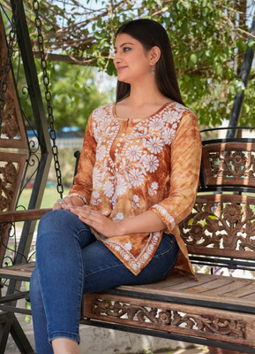 Divastri Women Chikan Embroidery Cape Top Kurta(Orange)