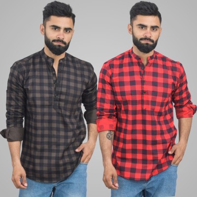 QuaClo Men Checkered Straight Kurta(Brown, Red)