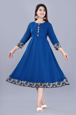 GULJAR FASHION Women Floral Print A-line Kurta(Dark Blue)