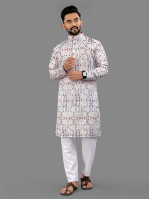 Svatantra Men Floral Print Straight Kurta(White)