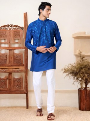 Tattva Men Floral Print Asymmetric Kurta(Blue)