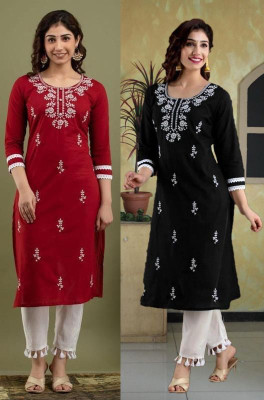 HouseOfCommon Women Chikan Embroidery Straight Kurta(Multicolor)