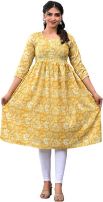 Avavi Women Floral Print Anarkali Kurta(Yellow, White)