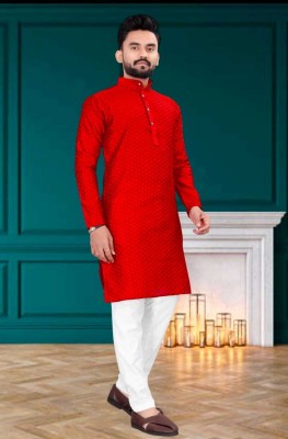 RAJWADI FASHION Men Embroidered Straight Kurta(Red)