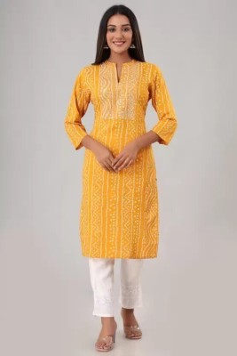 MF HAYAT Women Bandhani, Embroidered Straight Kurta(Yellow)