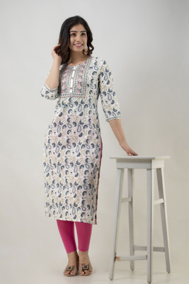 FASHION DEPTH Women Embroidered Straight Kurta(Light Blue)