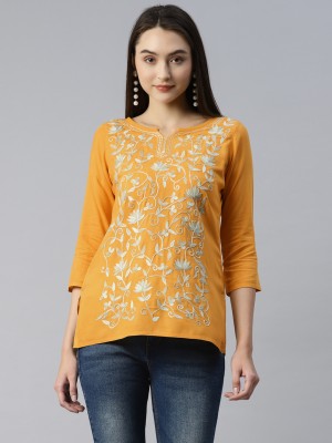 QAZMI Women Embroidered Straight Kurta(Yellow)