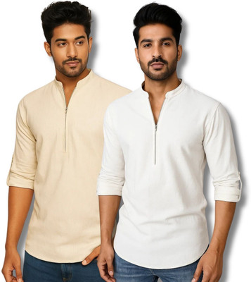 RAREMARK Men Solid Straight Kurta(Beige, White)