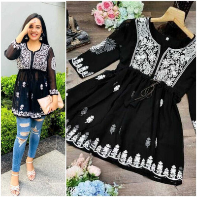 MADHUNANDAN TRENDZ Casual Embroidered Women Black Top