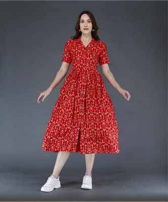 DEON Women Printed A-line Kurta(Red)