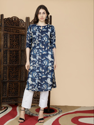 Zimzin Women Floral Print, Striped Straight Kurta(Dark Blue)