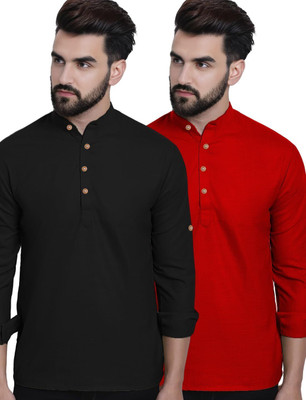 GOD HEART Men Solid Straight Kurta(Red, Black)