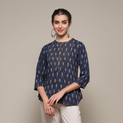 BIBA Women Printed Straight Kurta(Dark Blue, Beige)