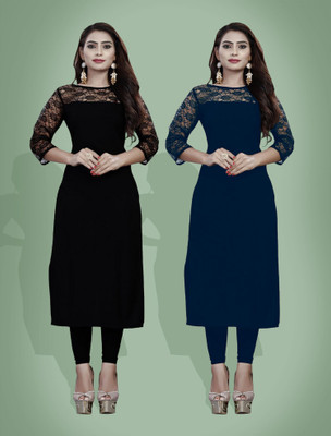 Maheshvi Women Self Design Straight Kurta(Black)