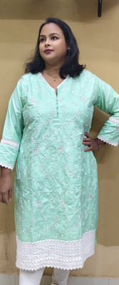 LUCKNOWI CHIKAN CRAFT Women Embroidered Straight Kurta(Light Green, White)