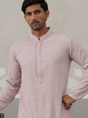 Jompers Men Embroidered Straight Kurta(Orange)