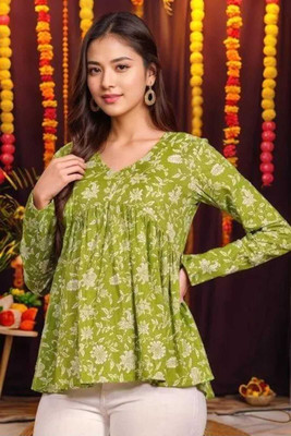 HouseOfCommon Women Floral Print Flared Kurta(Green)