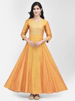 Span Women Self Design Anarkali Kurta(Yellow)