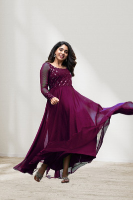 Gau Mata Women Embroidered Anarkali Kurta(Purple)