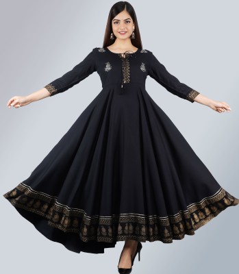 MG FASHION Women Printed Anarkali Kurta(Black, Gold)