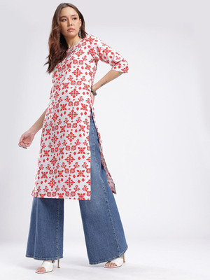 Anouk Rustic Women Floral Print Straight Kurta(White, Red)