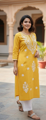 ChikankariArts Women Embroidered Straight Kurta(Yellow)
