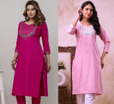 AuzaSho Collection Women Embroidered Straight Kurta(Pink)