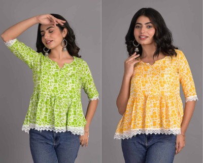 Vinny's Creation Women Floral Print Cape Top Kurta(Green, Yellow)