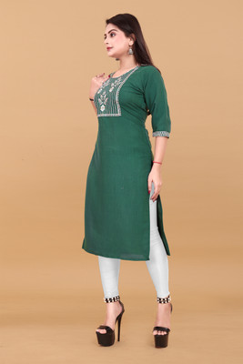KURTIFABRIC Women Embroidered A-line Kurta(Green)