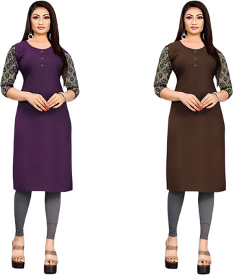HOFC Women Solid Straight Kurta(Purple, Brown)