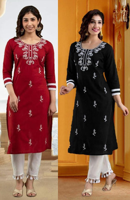 SISTO Women Chikan Embroidery Straight Kurta(Red, Blue)