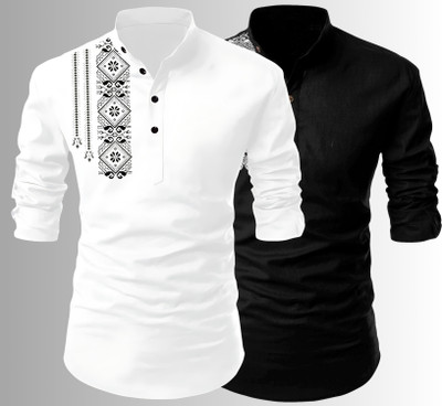 Kavyangle Creation Men Printed Straight Kurta(White, Black)