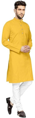 Mann Fashion Men Solid Straight Kurta(Yellow)