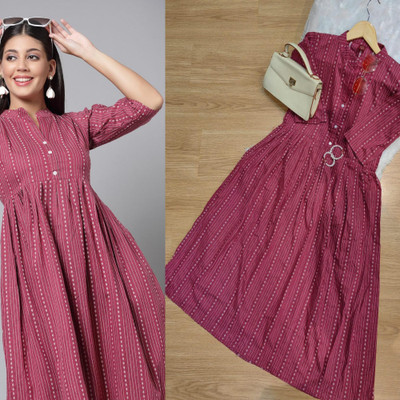 Ladylaz Women Embroidered, Striped Straight Kurta(Maroon)