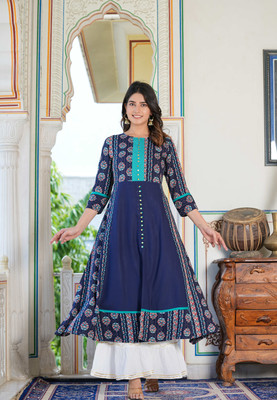 Yash Gallery Women Floral Print A-line Kurta(Blue)
