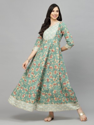 Stylum Women Floral Print, Embellished Anarkali Kurta(Green)