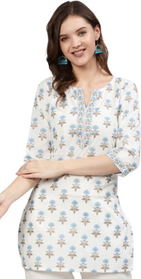 Jixpox Women Floral Print A-line Kurta(White)