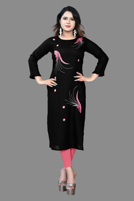 EAZY FASHION Women Embroidered Straight Kurta(Black)