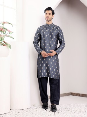 Rawayi Men Woven Design Straight Kurta(Dark Blue)